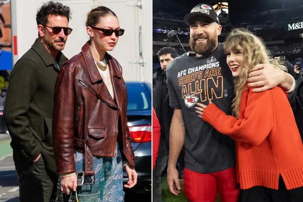 Pasangan Gigi Hadid-Bradley Cooper dan Taylor Swift-Travis Kelce. (FOTO: GOTHAM/GC; AP/JULIO CORTEZ) 