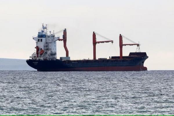 Seseorang terlihat di dalam kapal saat kapal kargo berbendera AS yang membawa bantuan ke dermaga yang dibangun AS di lepas pantai Gaza berlayar dari Larnaca, Siprus 9 Mei 2024. REUTERS 