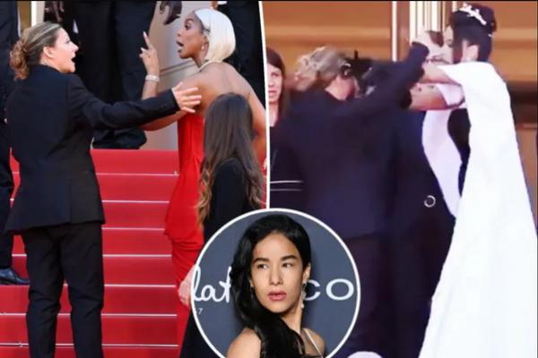 Insiden karpet merah kembali terjadi di Festival Film Cannes yang melibatkan aktris Dominika Massiel Taveras dengan petugas keamanan yang sama. (FOTO: TIKTOK) 