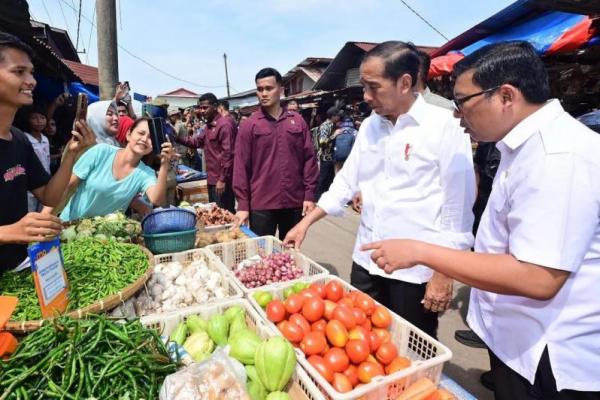 Kepala Badan Pangan Nasional atau National Food Agency (NFA) Arief Prasetyo Adi mendampingi Presiden Joko Widodo (Jokowi) memantau harga pangan di Pasar Senggol,Dumai,Riau,Sabtu (1/6/2024).(Foto:NFA) 