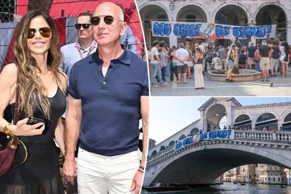 Para pengunjuk rasa Italia yang mengusung slogan `No Space for Bezos`telah menempelkan poster-poster di seluruh kota dengan slogan-slogan seperti, `Venesia: Taman bermain yang cocok untuk seorang oligarki.`. (FOTO: SPLASHNEWS) 