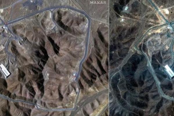 Gambar gabungan menunjukkan citra satelit di atas kompleks bawah tanah Fordow, dekat Qom, Iran, 20 Juni 2025 dan 22 Juni 2025. MAXAR TECHNOLOGIES via REUTERS 