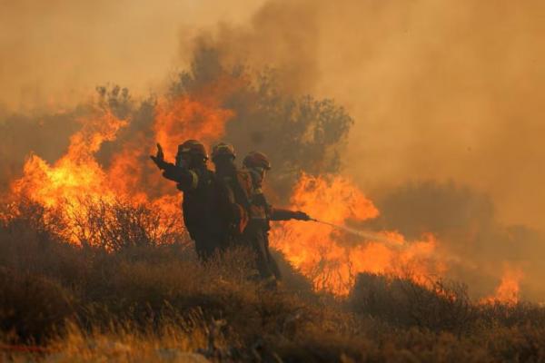 Petugas pemadam kebakaran mencoba memadamkan kebakaran hutan di dekat Ierapetra, di pulau Kreta, Yunani, 3 Juli 2025. REUTERS 