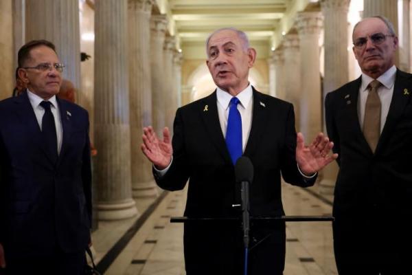Perdana Menteri Israel Benjamin Netanyahu berbicara kepada pers, di Capitol Hill di Washington, AS, 8 Juli 2025. REUTERS 