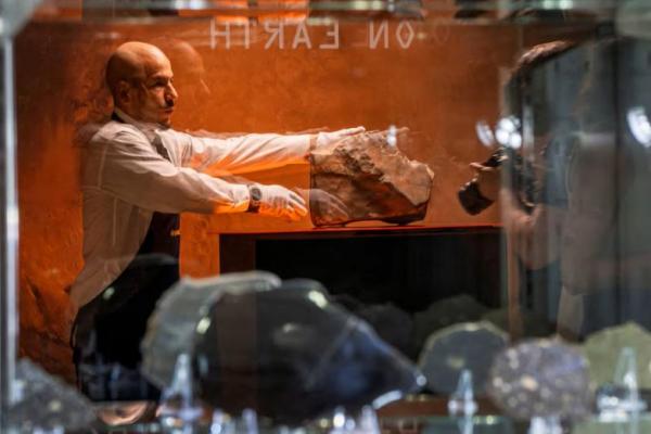 Bayangan seorang petugas di etalase saat ia menata meteorit NWA 16788, potongan Mars terbesar yang diketahui di Bumi, di New York City, AS, 8 Juli 2025. REUTERS 
