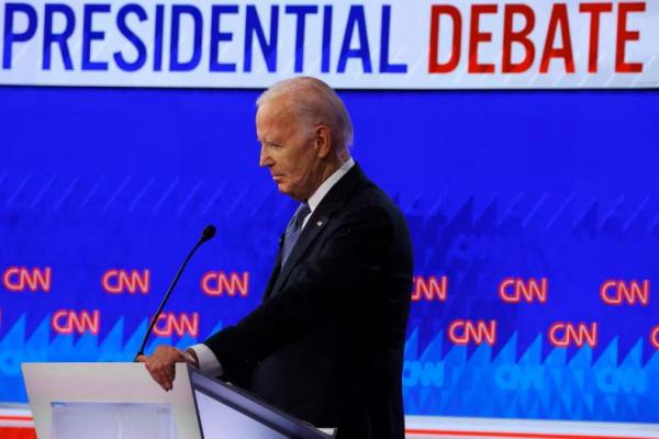 Calon presiden dari Partai Demokrat, Presiden AS Joe Biden dalam debat capres di Atlanta, Georgia, AS, 27 Juni 2024. REUTERS 