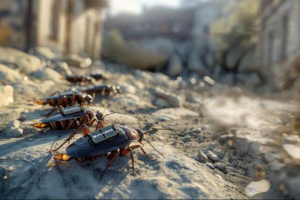 Ilustrasi digital yang dirilis oleh Swarm Biotactics menunjukkan apa yang mereka gambarkan sebagai kecoak cyborg yang dilengkapi ransel khusus yang memungkinkan pengumpulan data secara real-time melalui kamera. SWARM Biotactics via REUTERS 