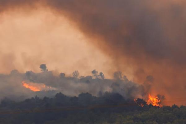 Pohon terbakar saat kebakaran hutan terjadi saat matahari terbit di dekat Saint-Laurent-de-la-Cabrerisse, dekat Narbonne, Prancis selatan, 6 Agustus 2025. REUTERS 
