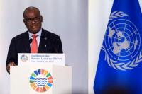 Perdana Menteri Kepulauan Solomon, Jeremiah Manele, menyampaikan pidato dalam sesi pleno Konferensi Kelautan PBB Ketiga di pusat konferensi Centre des Expositions di Nice, Prancis, 9 Juni 2025. REUTERS