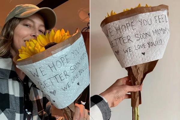 Jessica Biel Terharu Menerima Bunga Semoga Cepat Sembuh dari Putranya. (FOTO: INSTAGRAM) 
