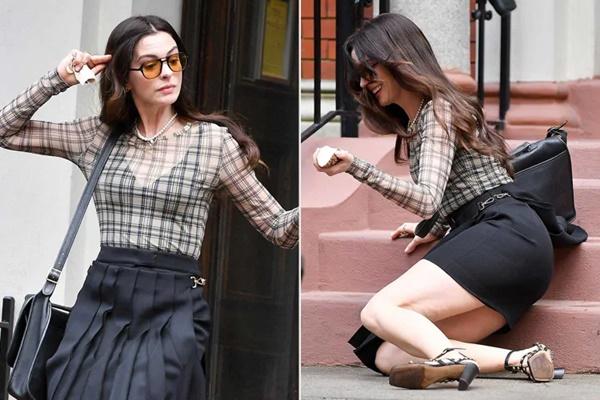 Anne Hathaway jatuh dari tangga saat syuting `The Devil Wears Prada 2`. (FOTO: BACKGRID) 