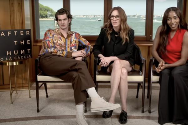 Andrew Garfield, Julia Roberts, dan Ayo Edebiri saat diwawancarai jurnalis Italia Federica Polodoro tentang gerakan Me Too dan Black Lives Matter. (FOTO: YOUTUBE) 