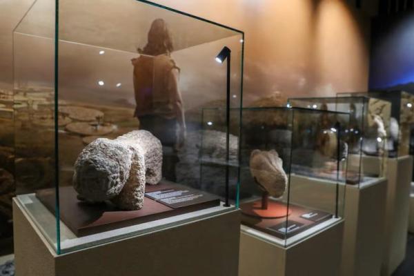 Patung-patung hewan yang ditemukan di situs arkeologi Karahan Tepe, dipamerkan di Aula Pameran Kompleks Kepresidenan di Ankara, Turki, 21 Agustus 2025. REUTERS 