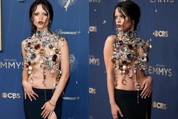 Jenna Ortega menghadiri karpet merah Emmy Awards 2025, Minggu malam (14/9/2025). (FOTO: GETTY IMAGE) 