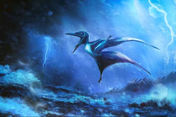 Gambaran artistik seekor tukik Pterodactylus kecil yang berjuang melawan badai tropis yang mengamuk sekitar 150 juta tahun lalu yang dirilis oleh Universitas Leicester pada 5 September 2025. Handout via REUTERS 