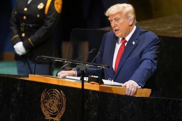 Presiden AS Donald Trump berpidato di Sidang Umum Perserikatan Bangsa-Bangsa ke-80, di New York City, New York, AS, 23 September 2025. REUTERS 