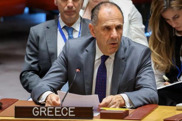 Menlu Yunani Giorgos Gerapetritis berbicara dalam pertemuan DK PBB, di markas besar PBB di New York City, AS, 17 Juli 2025. REUTERS 