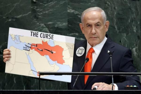 Perdana Menteri Israel Benjamin Netanyahu berpidato di hadapan Sidang Umum Perserikatan Bangsa-Bangsa ke-80 di markas besar PBB di New York City. REUTERS 