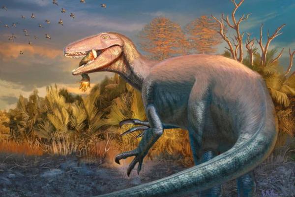 Gambaran artistik dinosaurus pemakan daging dari Zaman Kapur, Joaquinraptor, yang fosilnya ditemukan di wilayah Patagonia, Argentina, ditampilkan dalam gambar yang dirilis pada 23 September 2025. Handout via REUTERS 