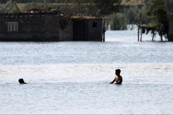 Anak-anak berenang di Sungai Nil untuk mencapai rumah mereka setelah banjir di Desa Dalhamo, dekat kota Delta Ashmoun, di Kegubernuran Menoufia, Mesir, 5 Oktober 2025. REUTERS 
