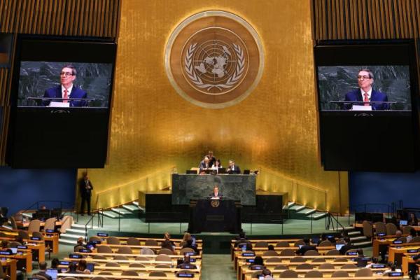 Menteri Luar Negeri Kuba Bruno Eduardo Rodriguez Parrilla berpidato di Sidang Umum PBB ke-80, di markas besar PBB di New York City, AS, 27 September 2025. REUTERS 