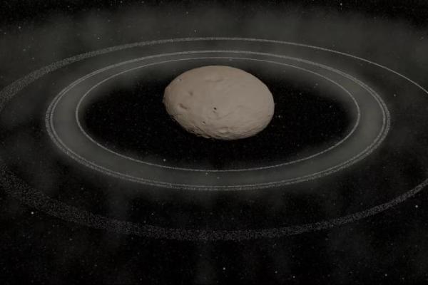 Ilustrasi ini menunjukkan rekonstruksi objek centaur Chiron, yang mengorbit matahari di antara orbit Saturnus dan Uranus, dan sistem cincinnya, dalam gambar selebaran yang dirilis pada 14 Oktober 2025. Handout via REUTERS 