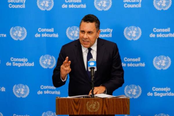 Duta Besar Venezuela untuk PBB, Samuel Moncada, berbicara saat pengintaian di markas besar PBB di New York City, AS, 16 Oktober 2025. REUTERS 