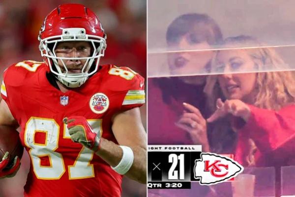 Travis Kelce (kiri); Taylor Swift dan Brittany Mahomes (kanan). (FOTO: ESPN) 