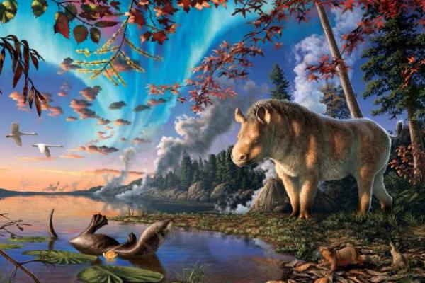 Rekreasi seorang seniman menunjukkan badak tanpa cula purba Epiatheracerium itjilik di habitat danau berhutannya, Pulau Devon, Nunavut, Kanada, di Arktik Tinggi Kanada, 23 juta tahun yang lalu. Handout via REUTERS 