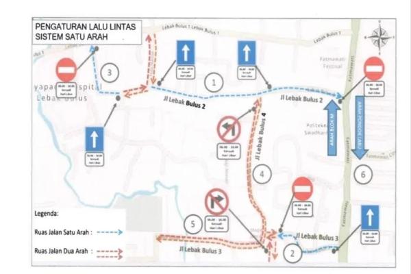Peta pelaksanaan uji coba pengaturan lalu lintas penerapan sistem satu arah (SSA) di Jalan Lebak Bulus II dan III, Jakarta Selatan, oleh Dinas Perhubungan DKI Jakarta (Foto: Dishub DKI Jakarta) 