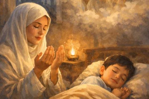 Ilustrasi - ibu Imam Bukhari yang sedang berdoa untuk kesembuhan penyakit anaknya (Foto: AI) 