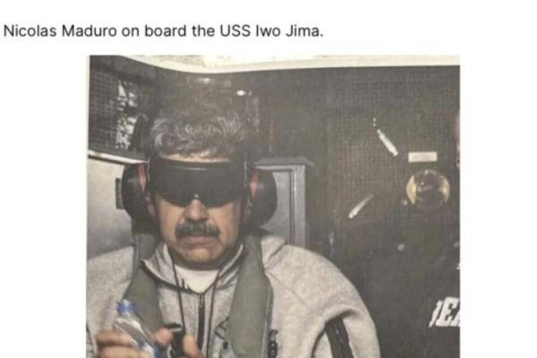 Tangkapan layar unggahan Presiden AS Donald Trump di platform Truth Social yang menampilkan foto Presiden Venezuela Nicolas Maduro yang ditangkap dan berada dalam tahanan AS di atas kapal perang USS Iwo Jima. (Foto:Truth Social/realDonaldTrump) 