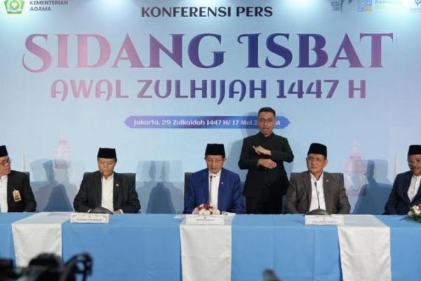 Konferensi pers Sidang Isbat penetapan awal Zulhijjah 1447 H yang digelar di Kantor Kemenag Jl. MH. Thamrin Jakarta, Minggu (17/5/2026). (Foto: Kemenag) 