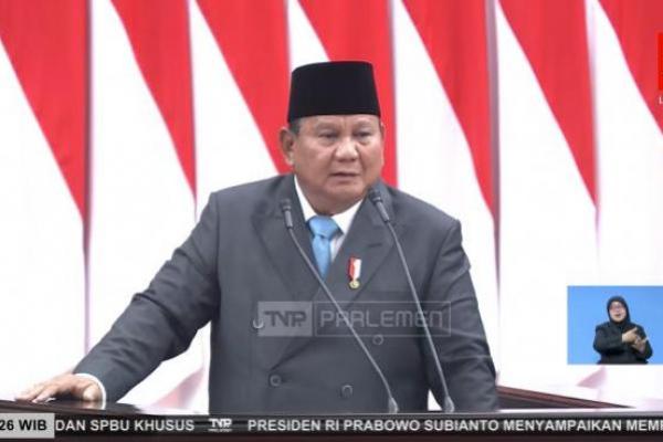 Presiden Prabowo Subianto menyampaikan Kebijakan Ekonomi Makro dan Pokok-Pokok Kebijakan Fiskal (KEM-PPKF) RAPBN 2027 dalam Rapat Paripurna DPR RI di Gedung Nusantara (Foto: Tangkapan Layar/ TVR Parlemen) 