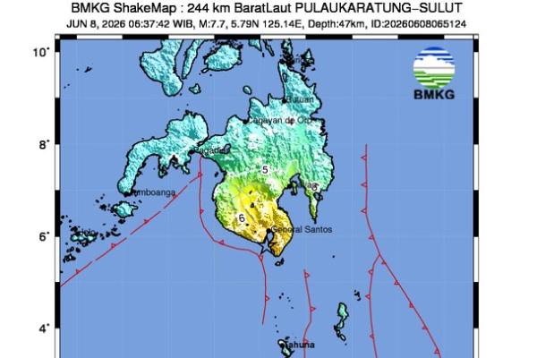 Foto : Gempa bumi tektonik berkekuatan Magnitudo 7,7 mengguncang wilayah Laut Sulawesi pada Senin (8/6) pagi pukul 06:37 WIB 