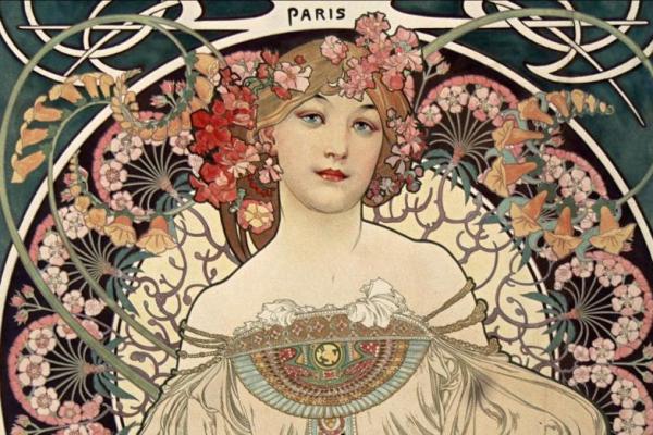 Poster karya Alphonse Mucha untuk penerbit F. Champenois pada 1897. Litografi berwarna ini menjadi salah satu ikon seni Art Nouveau (Foto: artandobject.com) 