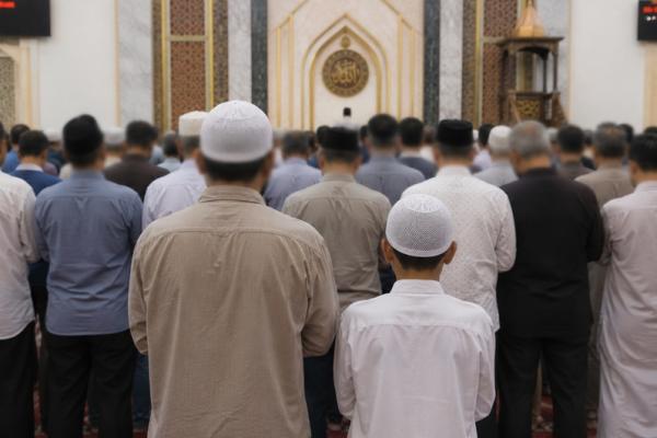 Ilustrasi foto ayah dan anak shalat berjamaah di masjid 