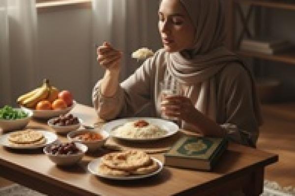 Ilustrasi muslimah makan  