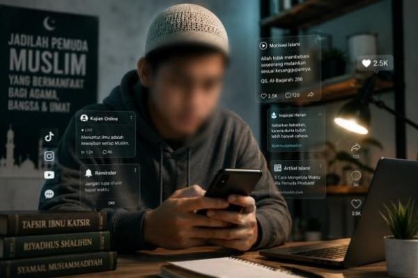 Ilustrasi foto pemuda dan digital media 