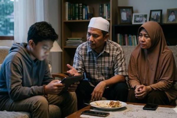 Ilustrasi anak sibuk main gadget ketika di nasehati orang tua 