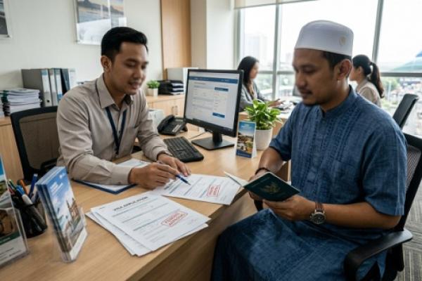 Ilustrasi urus asuransi umrah atau haji 