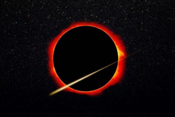 Langit pada 12 Agustus 2026 akan menghadirkan dua fenomena astronomi sekaligus yang jarang terjadi, yakni gerhana Matahari total dan puncak hujan meteor Perseid (Foto: Earth) 