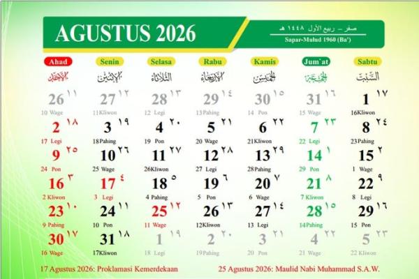 Kalender bulan Agustus 2026 (Foto: Kemenag RI) 