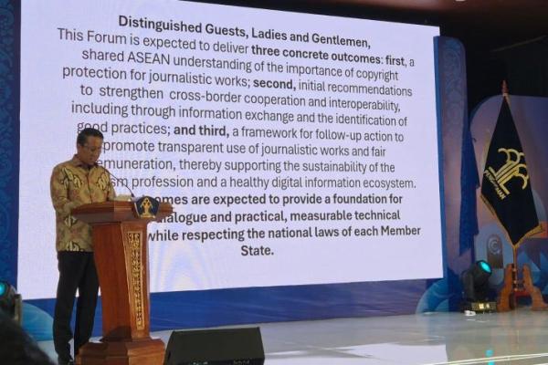 Menteri Hukum Supratman Andi Agtas dalam ASEAN Forum on the Protection of Journalistic Works in the Copyright Regime in the Digital Era di The Patra Hotel, Bali, Sabtu (10/10/2026). Foto: amsi/katakini 