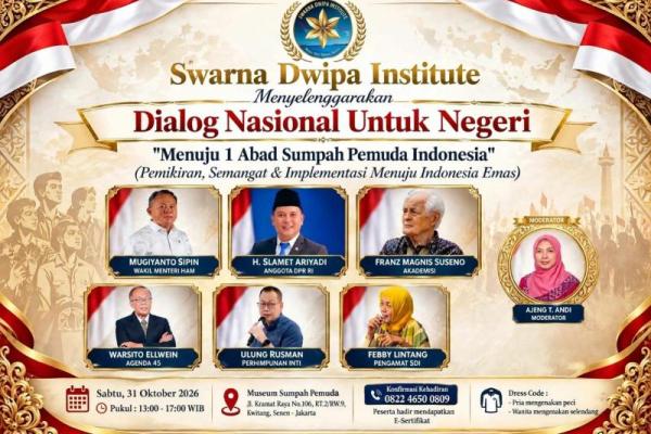 Dialog Nasional untuk Negeri Menuju 1 Abad Sumpah Pemuda Indonesia yang akan digelar oleh Swarna Dwipa Institute (SDI) di Museum Sumpah Pemuda, Jakarta, pada Sabtu (31/10/2026). Foto: tangkapanlayar 