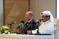 CEO QatarEnergy Saad Al Kaabi berbicara selama upacara penandatanganan kesepakatan untuk mengekspor gas alam cair (LNG) ke Jerman di Doha, Qatar, Selasa (29/11/2022). (FOTO: REUTERS)
