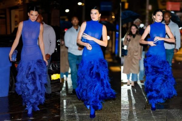 Kenakan Gaun Biru Elektrik Tembus Pandang, Kendall Jenner Tampil Seperti Dewi