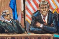 Mantan Presiden AS Donald Trump muncul melalui konferensi video di hadapan Hakim Juan Merchan di pengadilan Manhattan, New York City, 23 Mei 2023. Foto: Reuters
