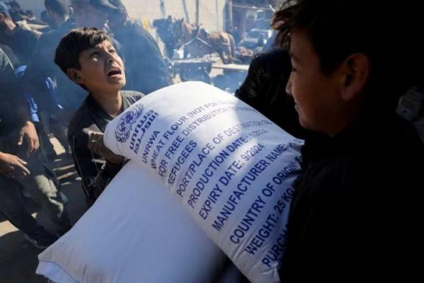 Warga Palestina berkumpul untuk menerima sekantong tepung yang didistribusikan oleh UNRWA, di Rafah di selatan Jalur Gaza 1 Februari 2024. Foto: Reuters 